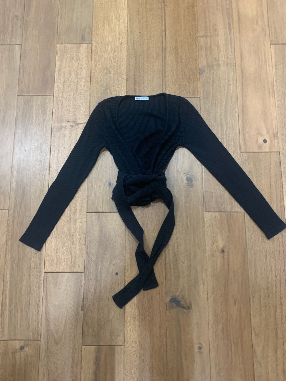 Zara Black Ribbed Wrap Tie Long-Sleeve Top